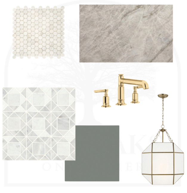 A collage of tiles a faucet and a light