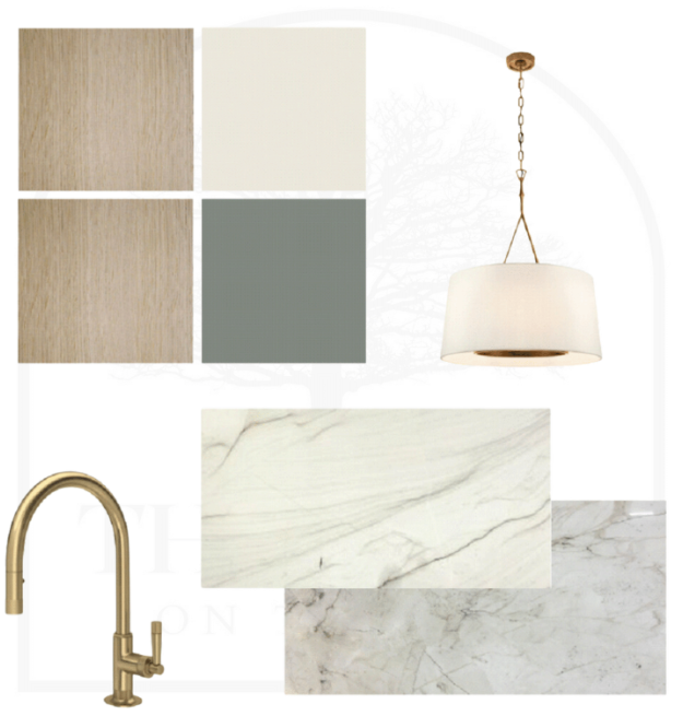 A kitchen with a sink and a pendant light