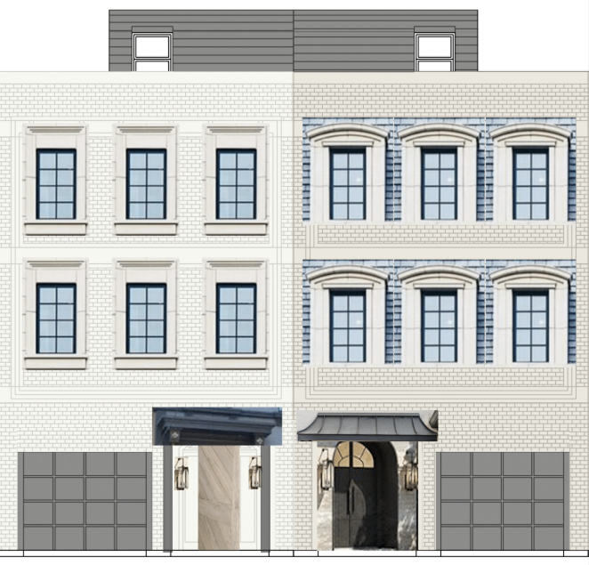 An artist 's rendering of a two of twelve units at The Oaks on Toomer with two garages