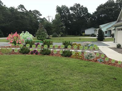 Lush landscaped front yard with colorful flowers, shrubs, and mulch bed. Houses and trees in the background.