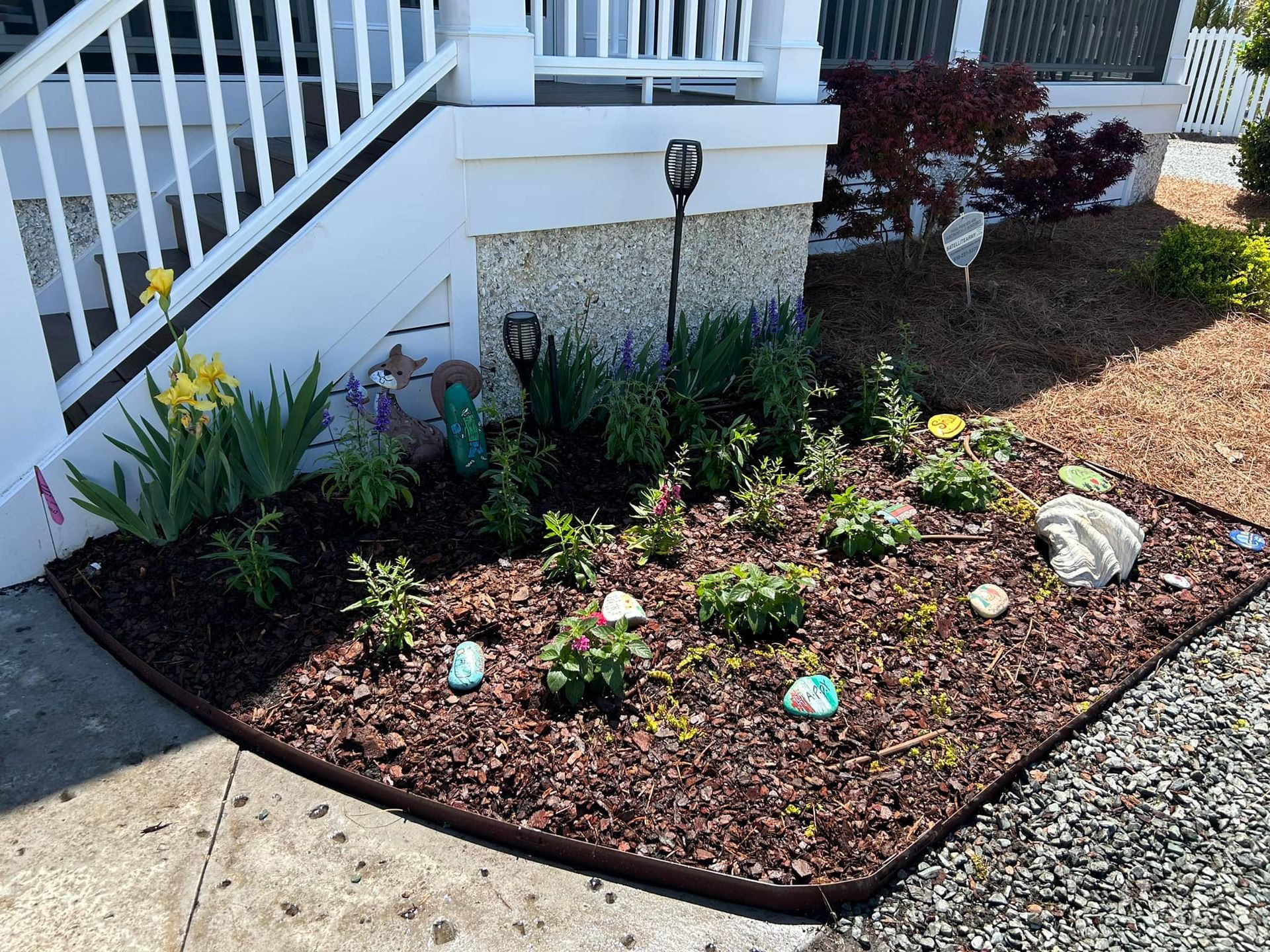 Small garden bed with dark mulch and various plants, near a white house and sidewalk.