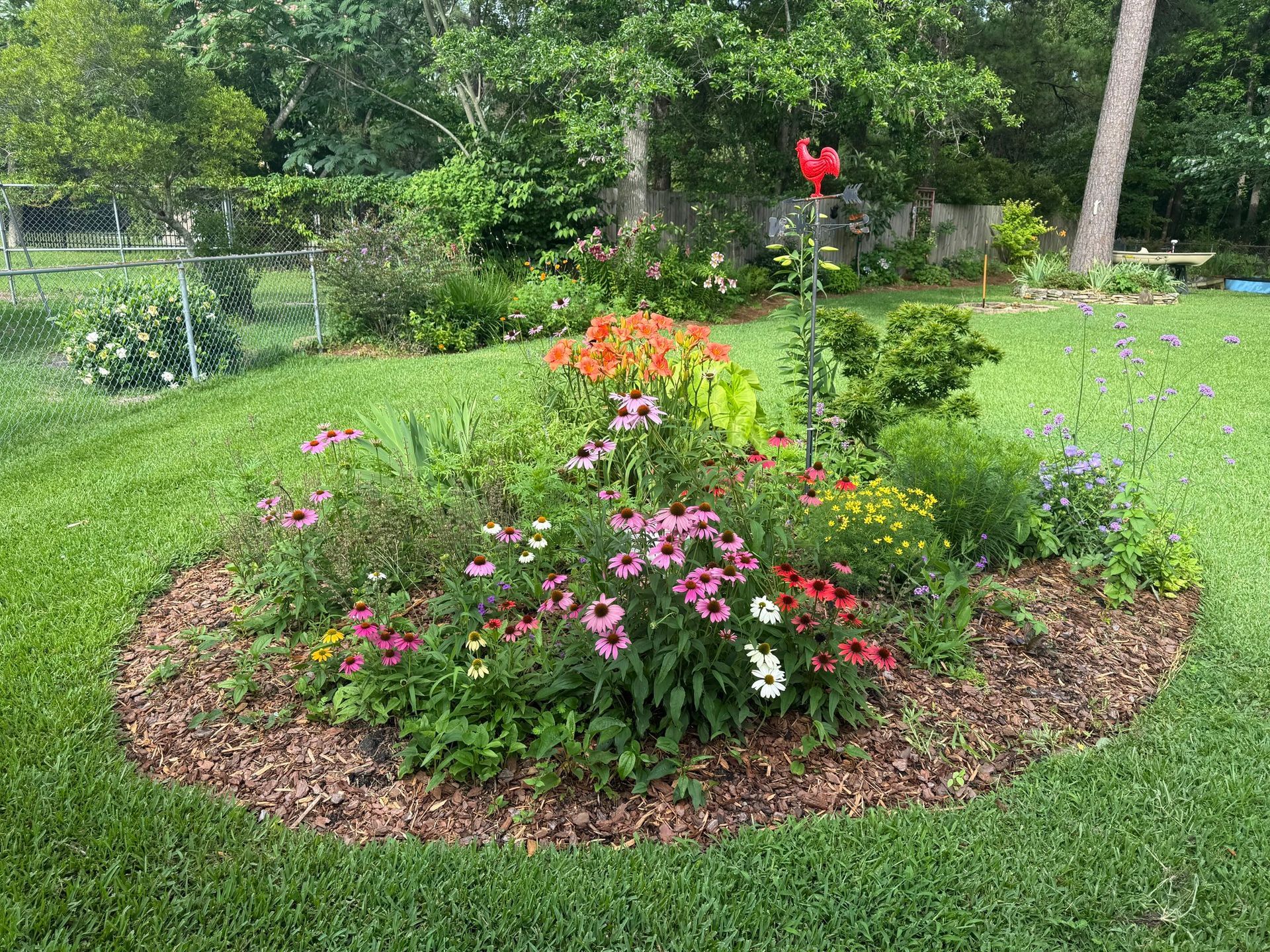 A vibrant flower garden with pink, orange, and yellow blooms, surrounded by green grass and mulch.