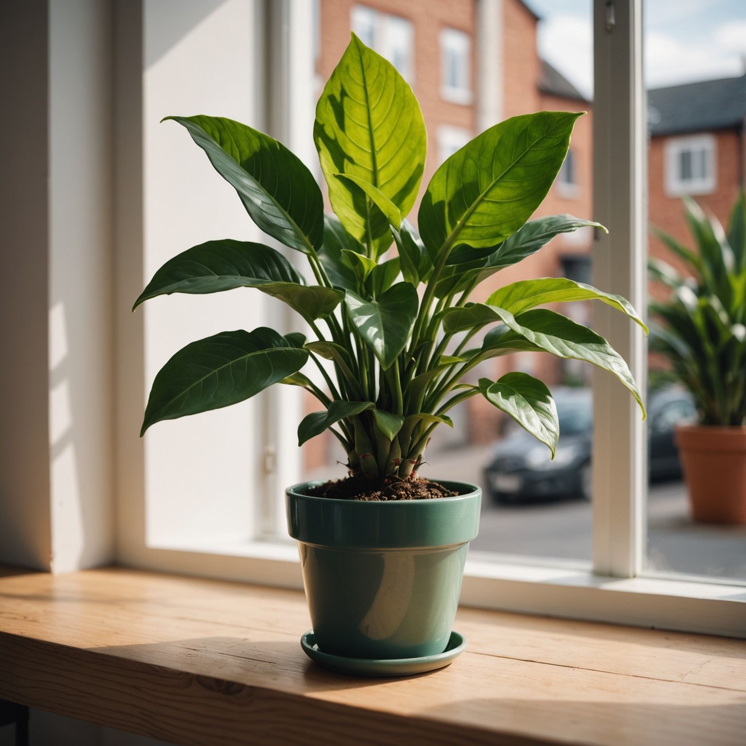 Green potted houseplant on a windowsill; bright light shines on the leaves.