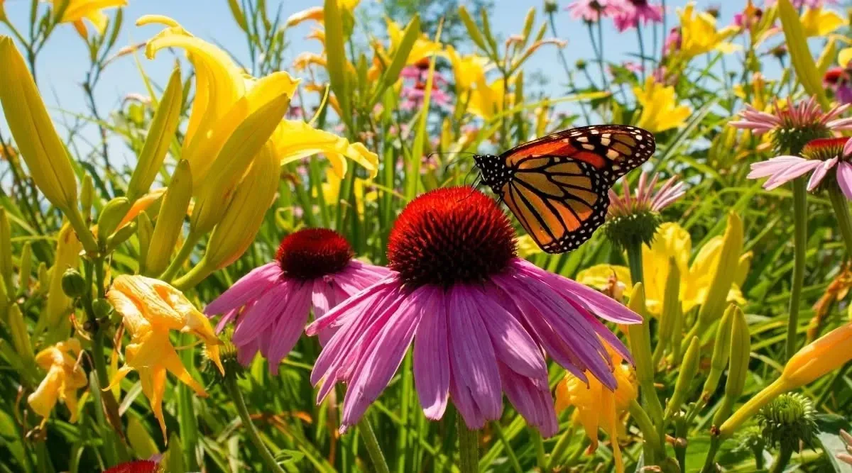 Monarch butterfly on a purple coneflower in a garden with yellow lilies.