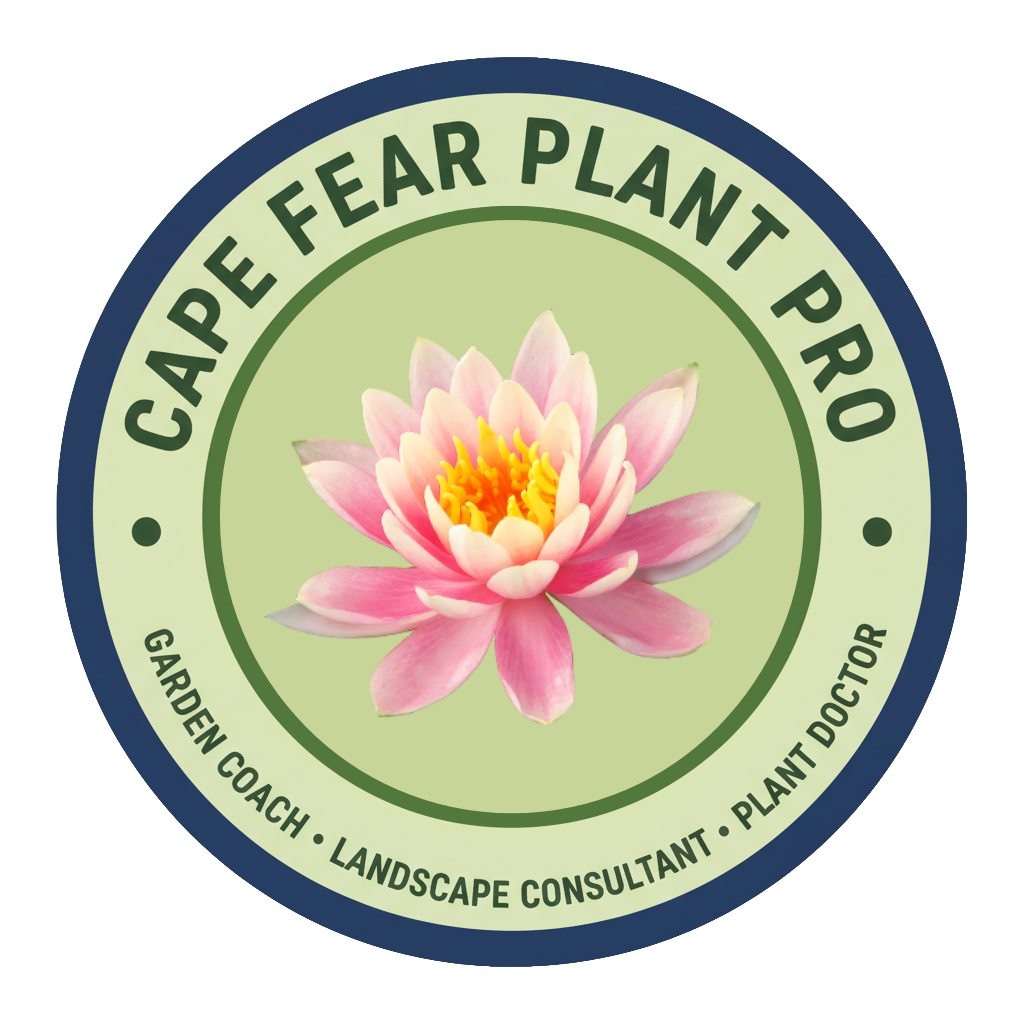 Logo: Cape Fear Plant Pro, pink water lily, green and blue circle.