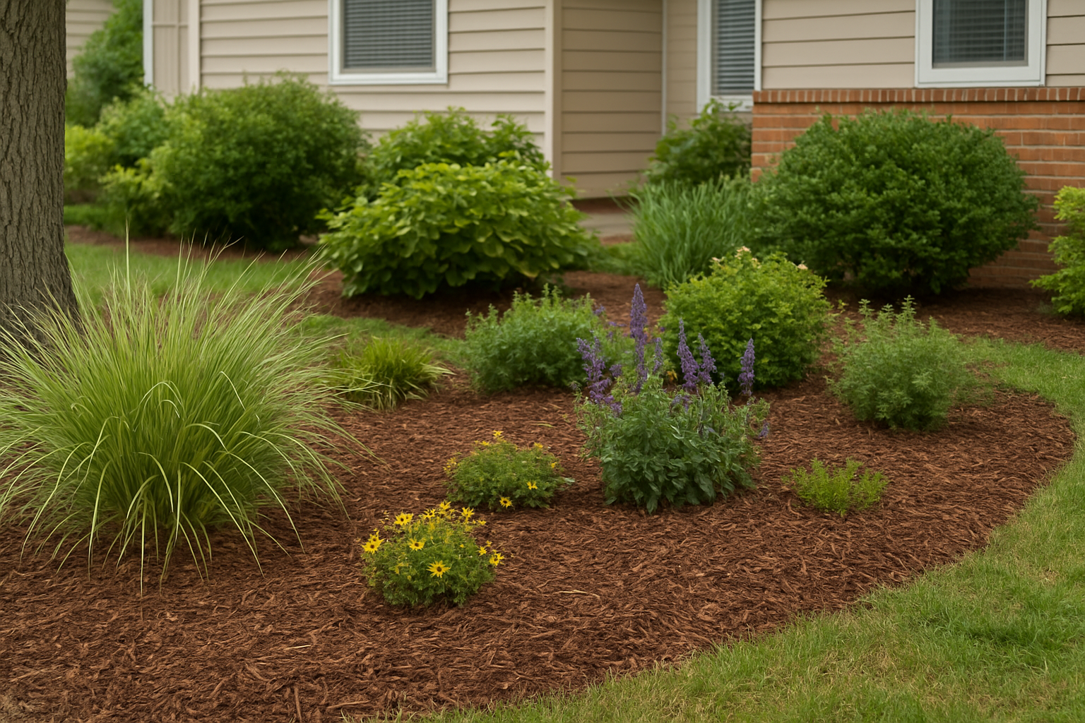 Landscaped front yard with various green plants and brown mulch.