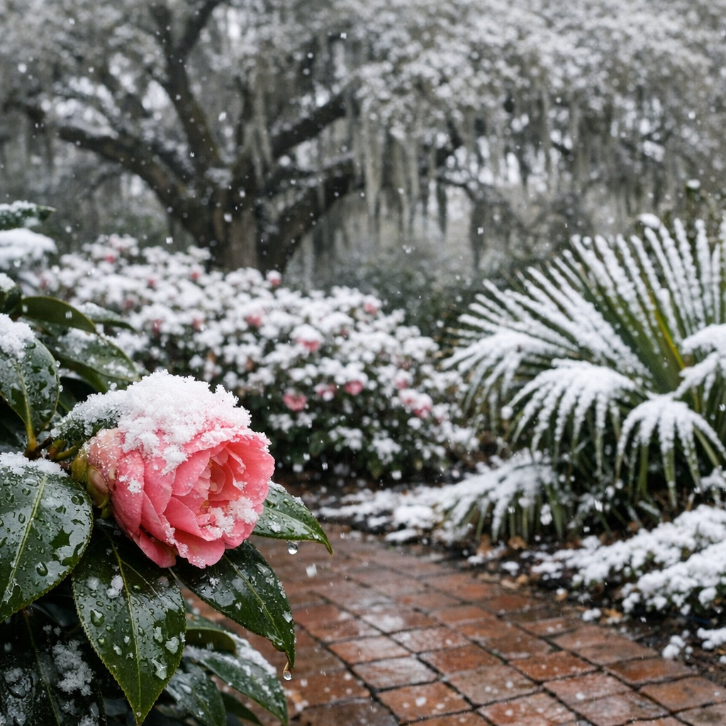 Snow-covered pink camellia flower in a garden with snow falling. Brick path leads through the scene.