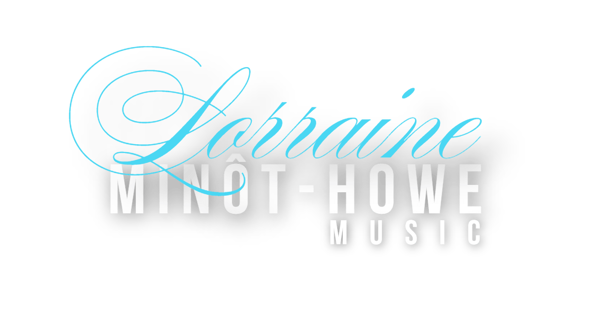 the logo for Lorraine Minôt-Howe Music is blue and white .
