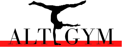 Silhouette d'une gymnaste en &eacute;quilibre sur les mains au-dessus du texte &laquo; ALT GYM &raquo; avec une barre rouge en bas.