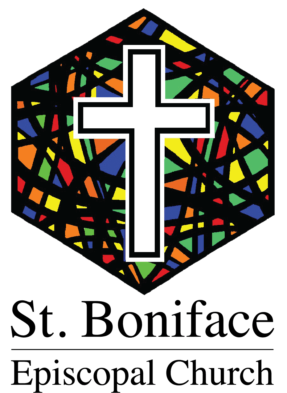 Logo for St. Boniface Episcopal Church is a hexagon with many colors and a white cross over it