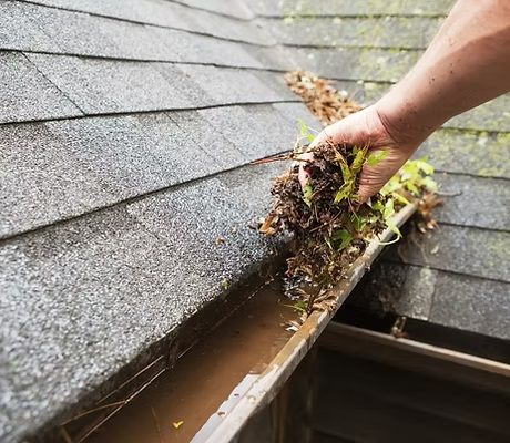 A person is cleaning a gutter from the roof of a house.