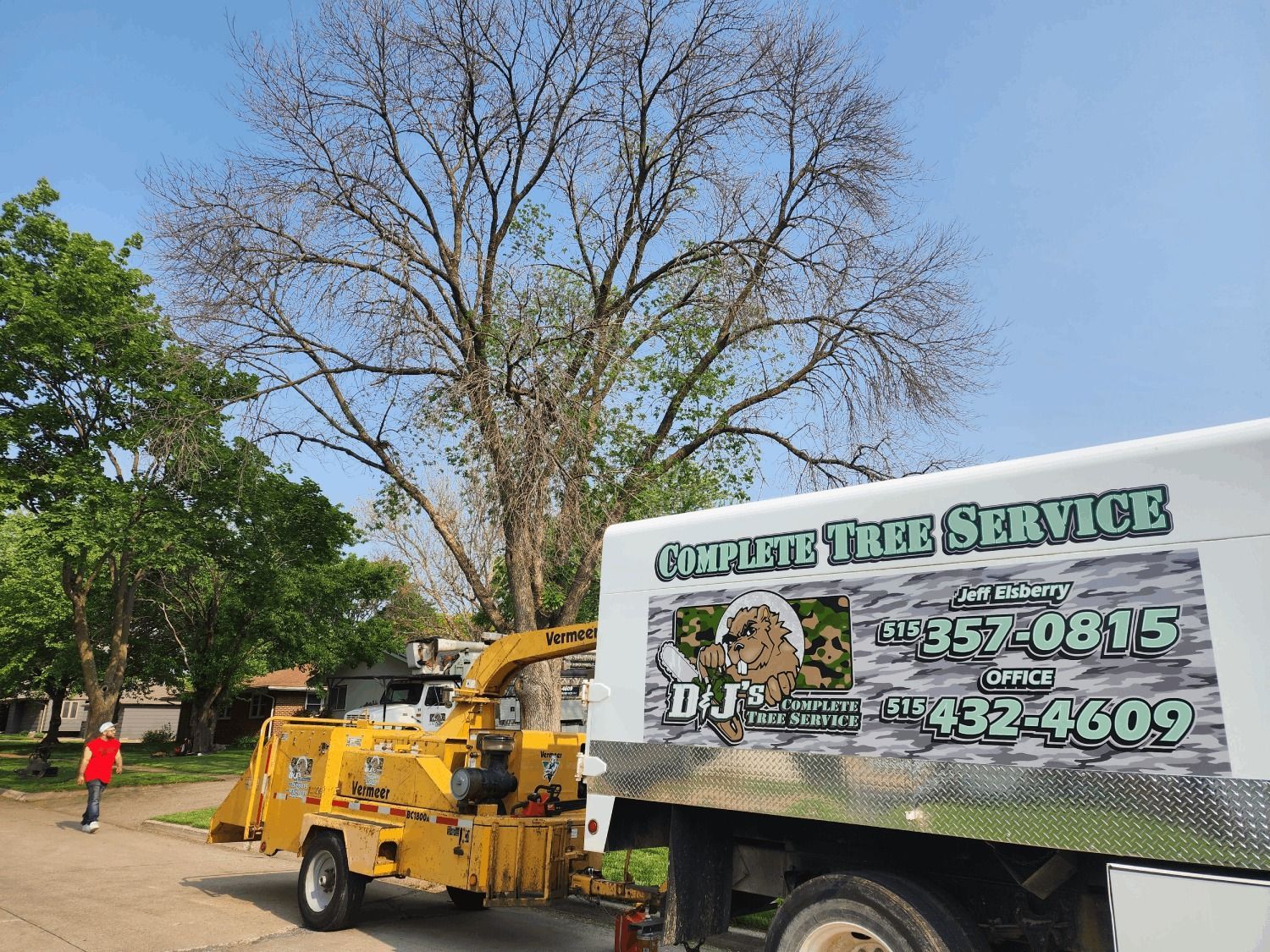 A complete tree service truck is parked in front of a tree.