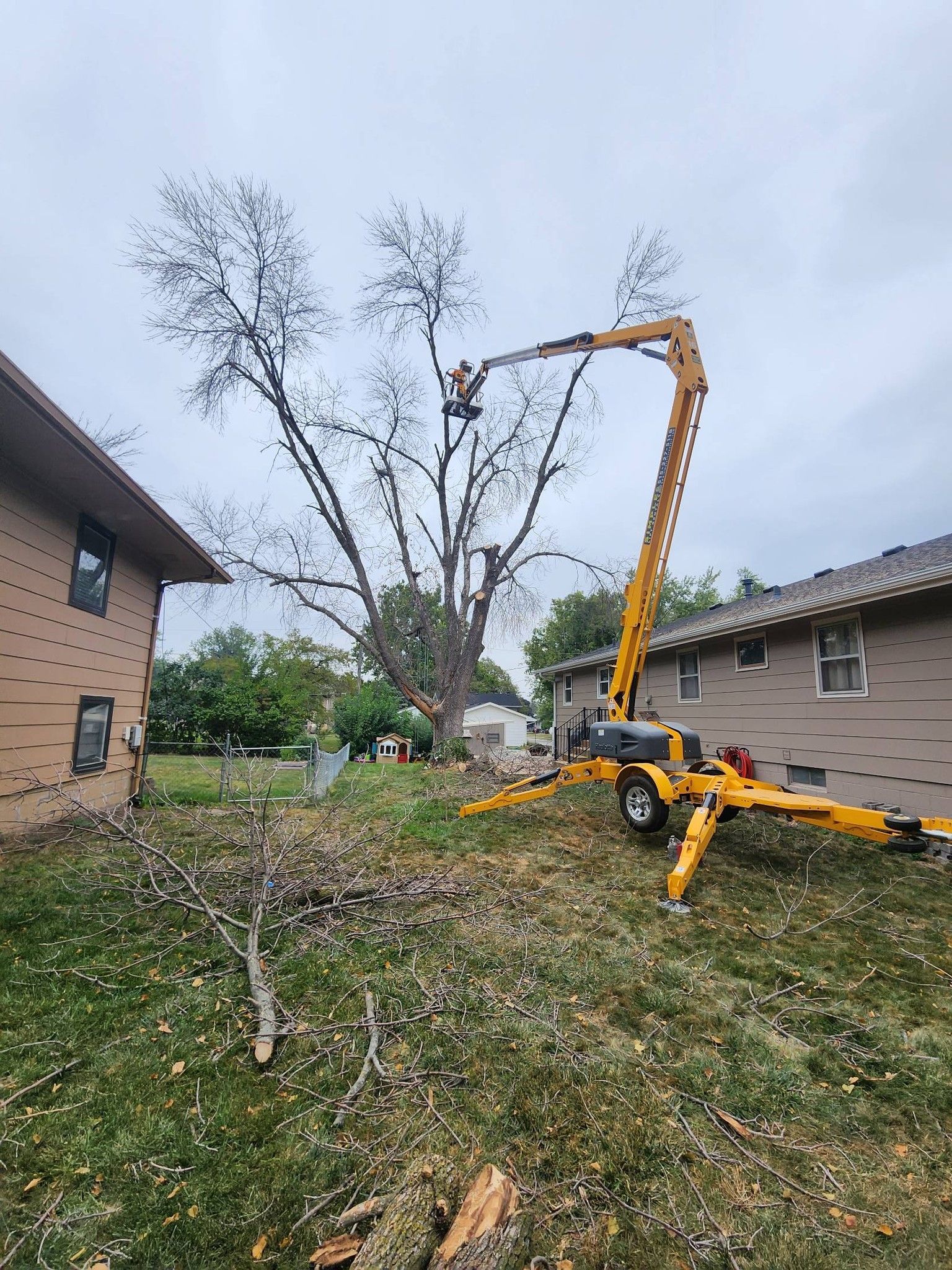 A crane is cutting a tree in front of a house.