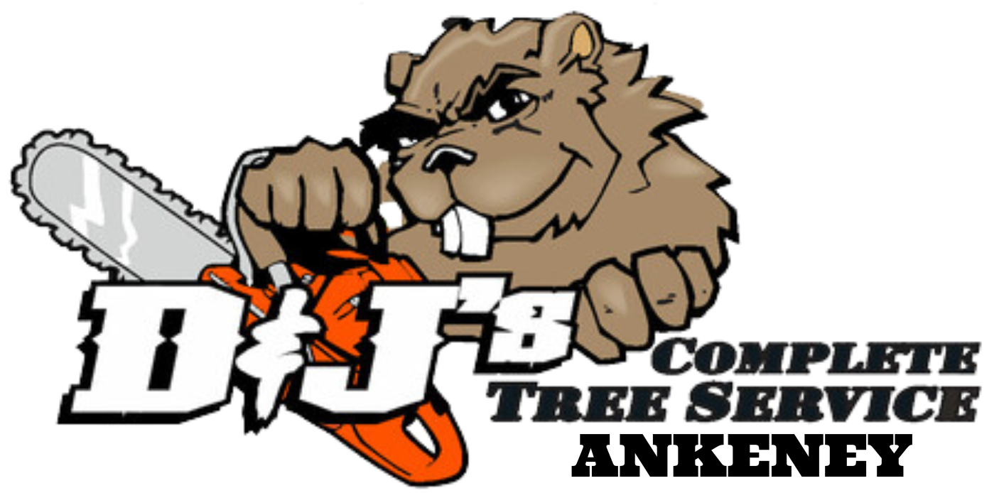 The logo for dj 's complete tree service shows a beaver holding a chainsaw.