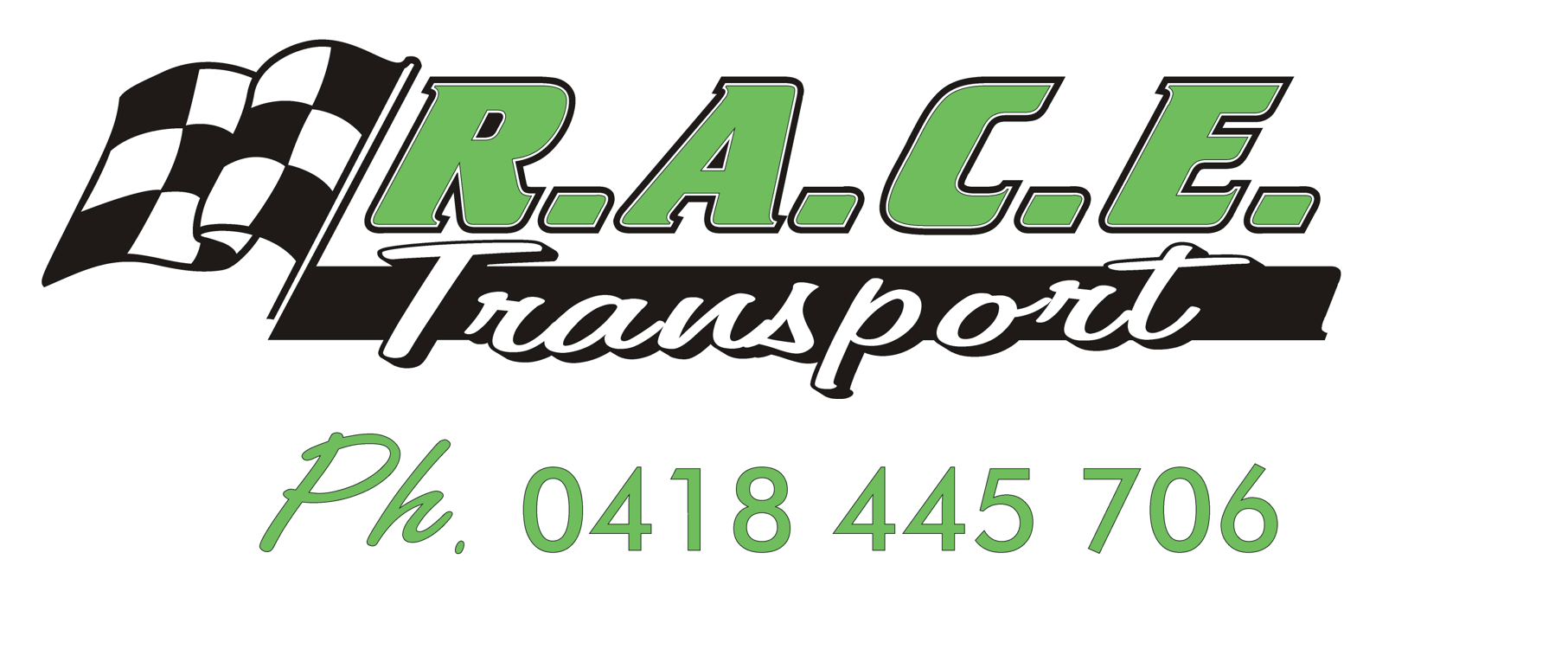 Logo for R.A.C.E. Transport with a checkered flag, green text, and phone number 0418 445 706.