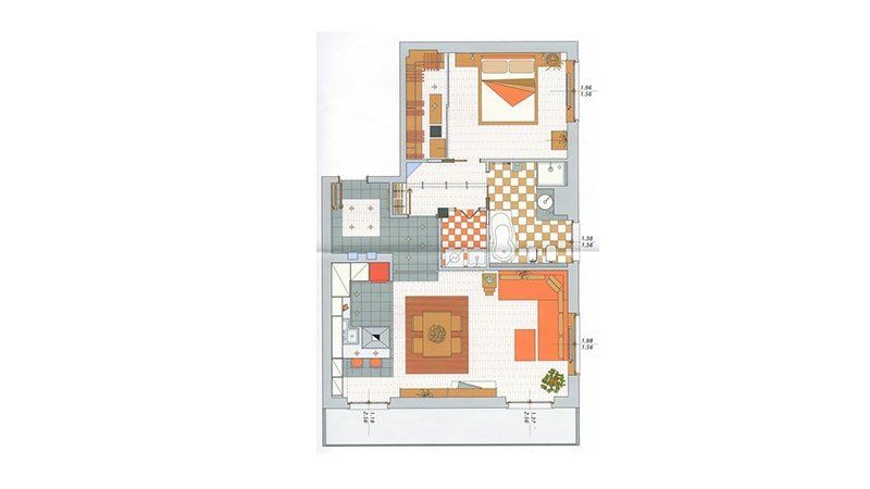 un disegno grafico di una casa con i dettagli di cucina e camera