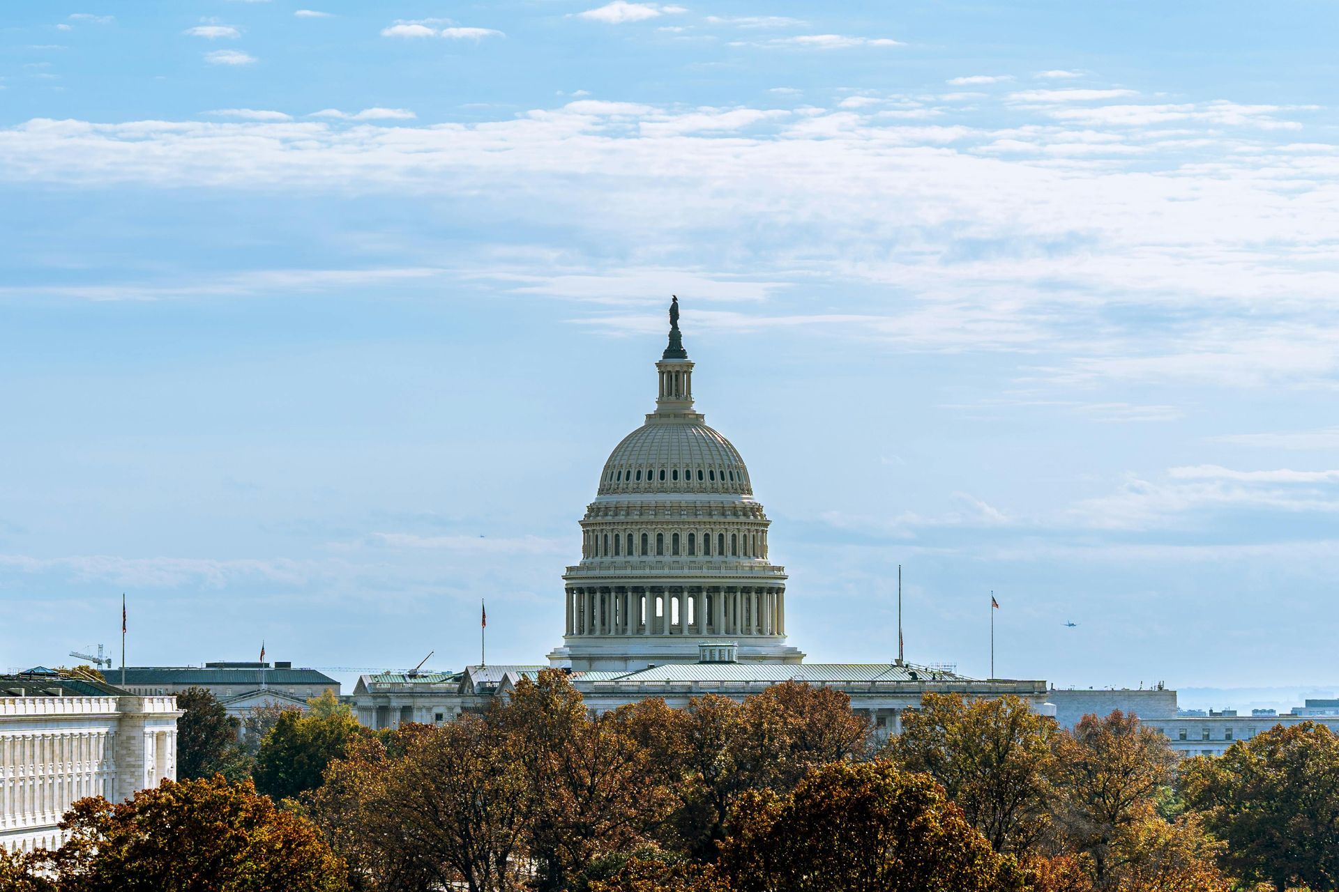 The capitol building in washington d.c. is surrounded by trees on a sunny day.