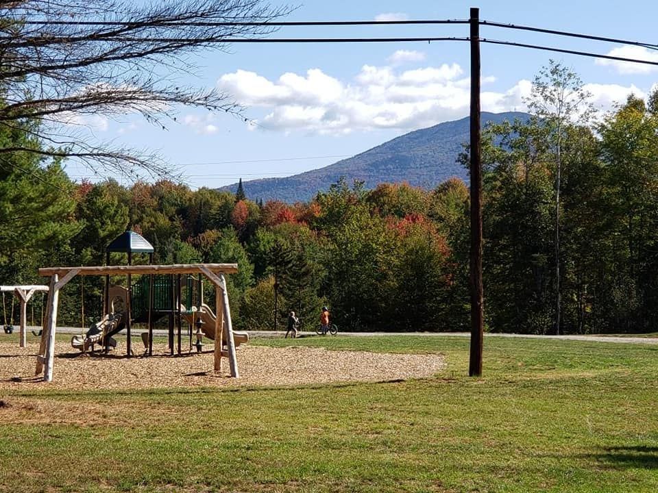 A playground in a park with mountains in the background