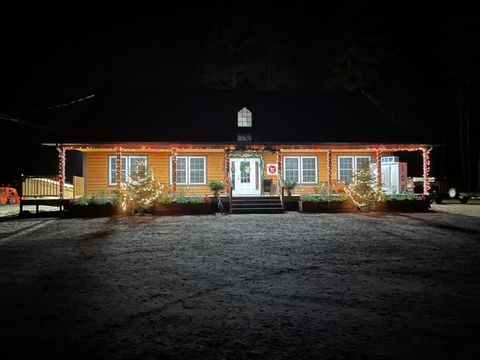 The camp store with Christmas lights on it is lit up at night.