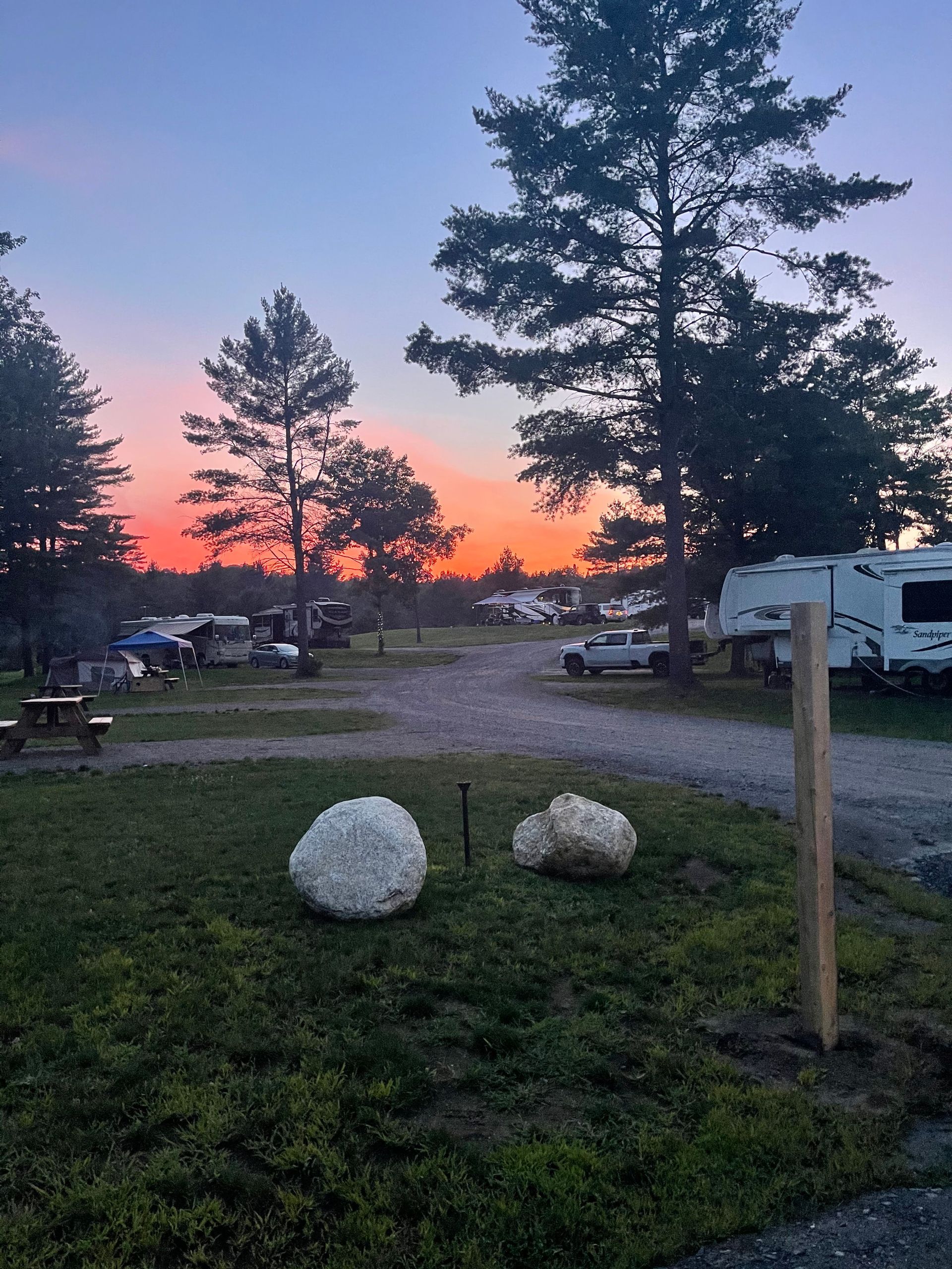 Kingdom Campground with a sunset in the background