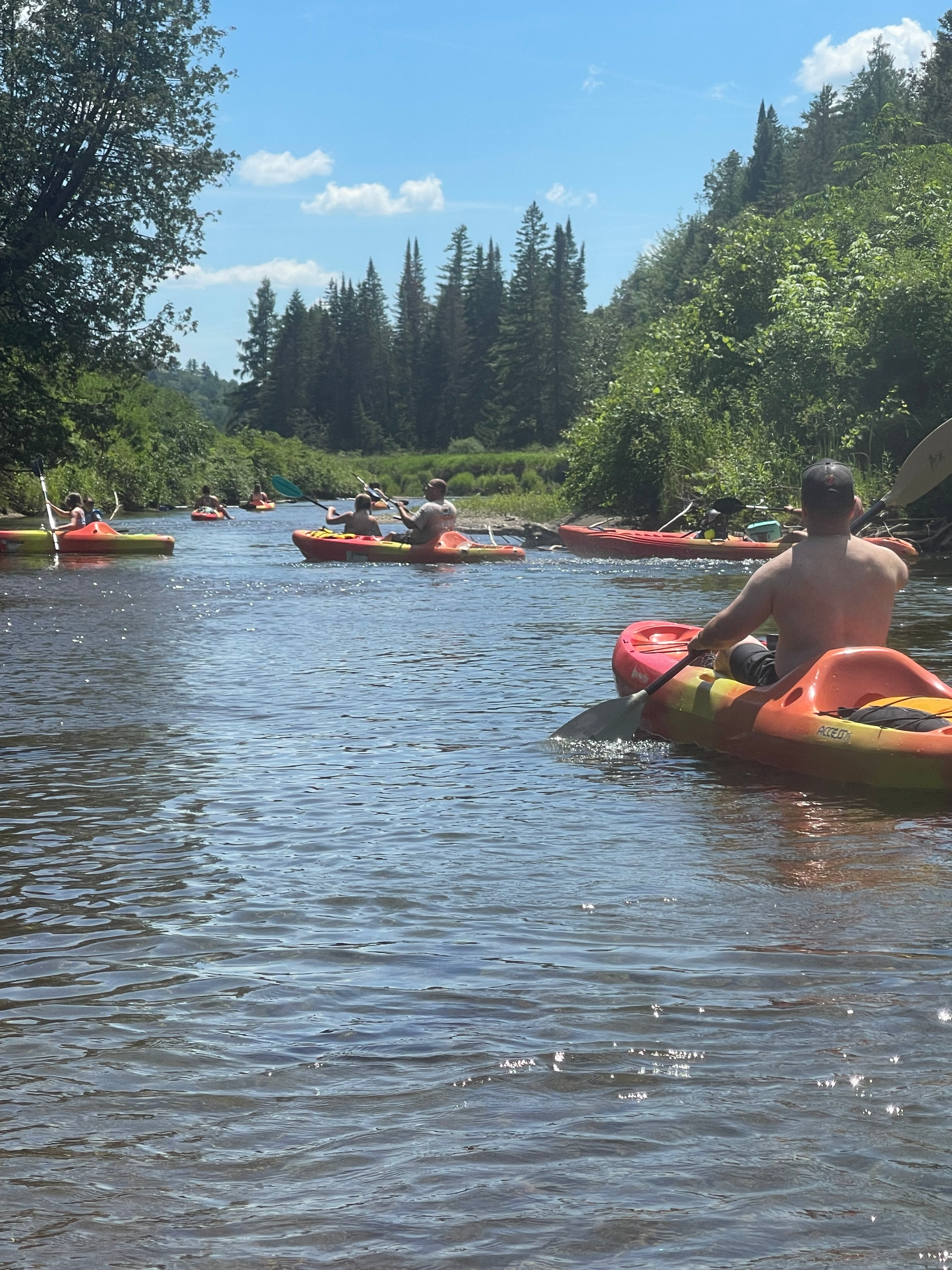 A group of people are paddling kayaks down a river.