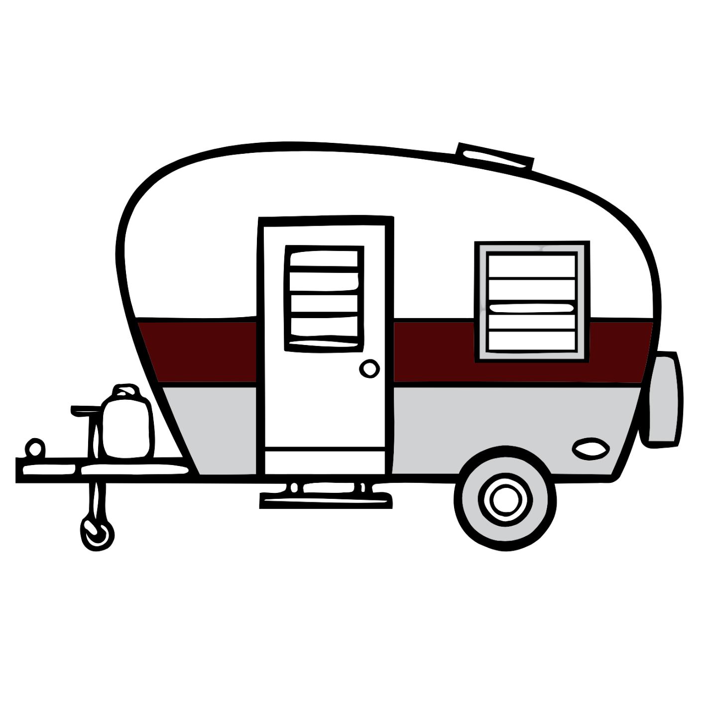 A black and white drawing of a camper trailer.