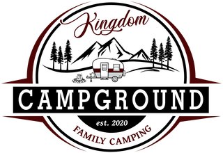 A logo for Kingdom Campground family camping with a camper and mountains in the background.