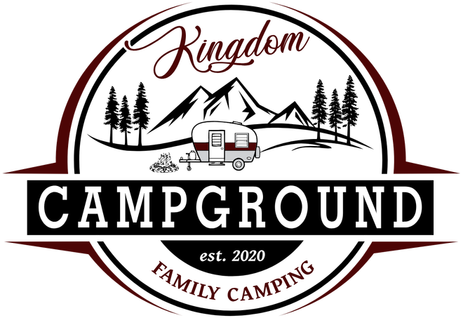 A logo for Kingdom Campground family camping with a trailer and mountains in the background.