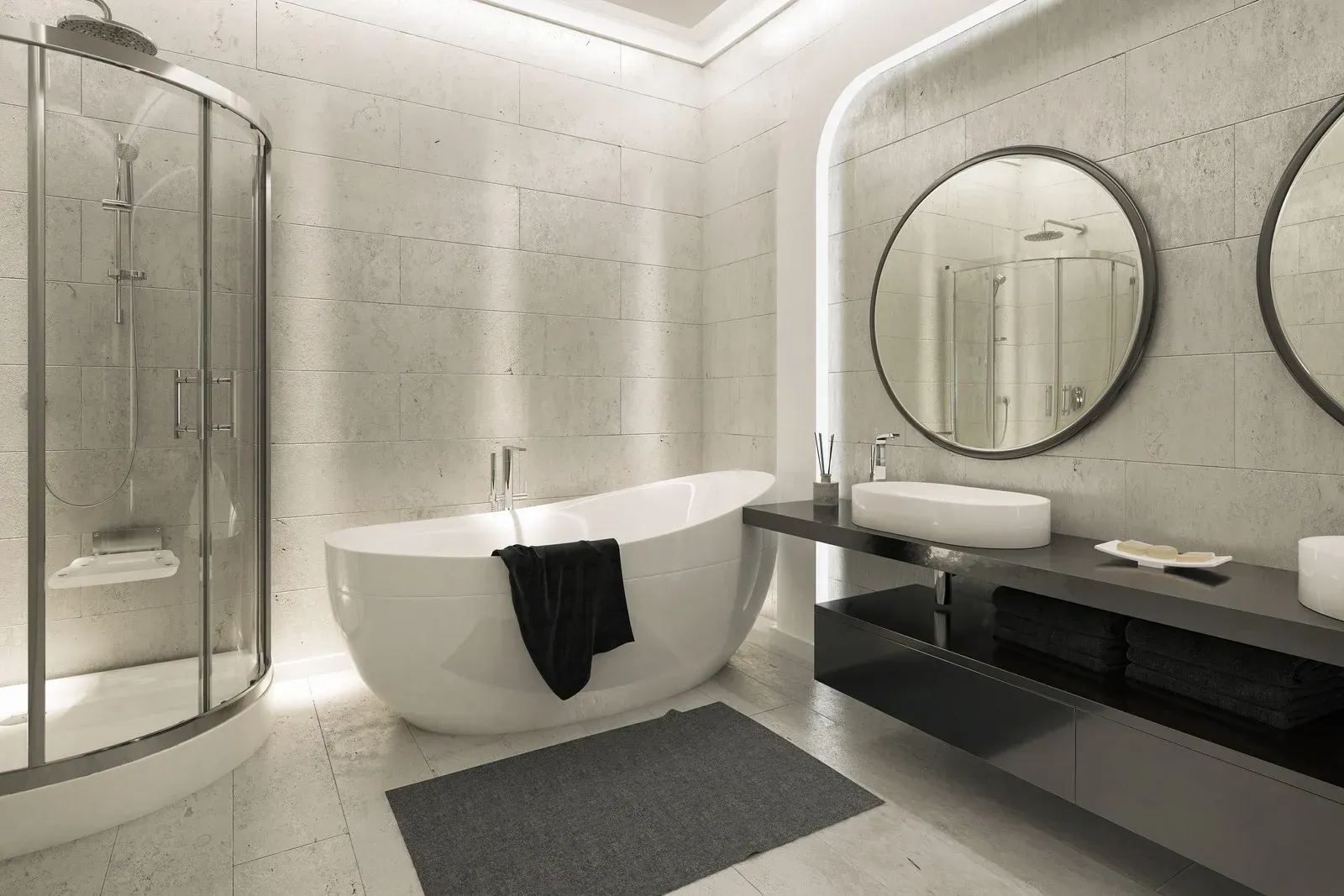 Modern bathroom with a bathtub, shower, two sinks with round mirrors, and a black rug.