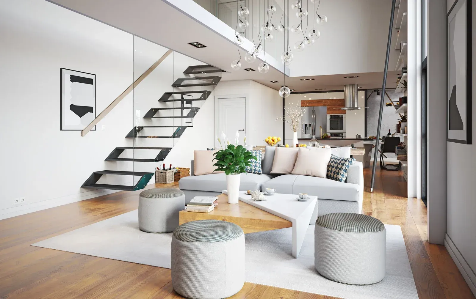 Person painting a white wall with a roller. Paint bucket and brush on the floor.