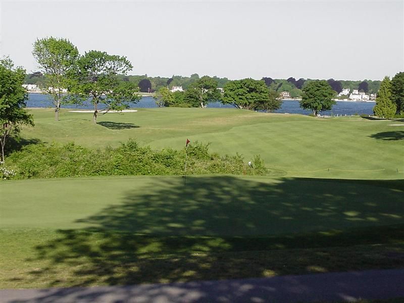 Grassy golf course with scattered trees and water in the distance under a clear sky