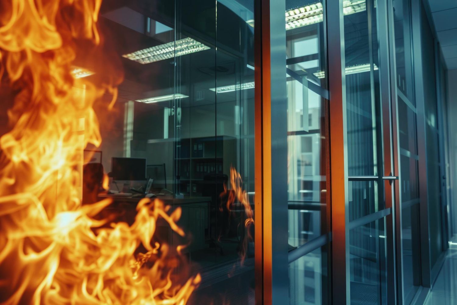 Bright flames burn in the foreground outside a glass-walled office where a person sits at a desk.