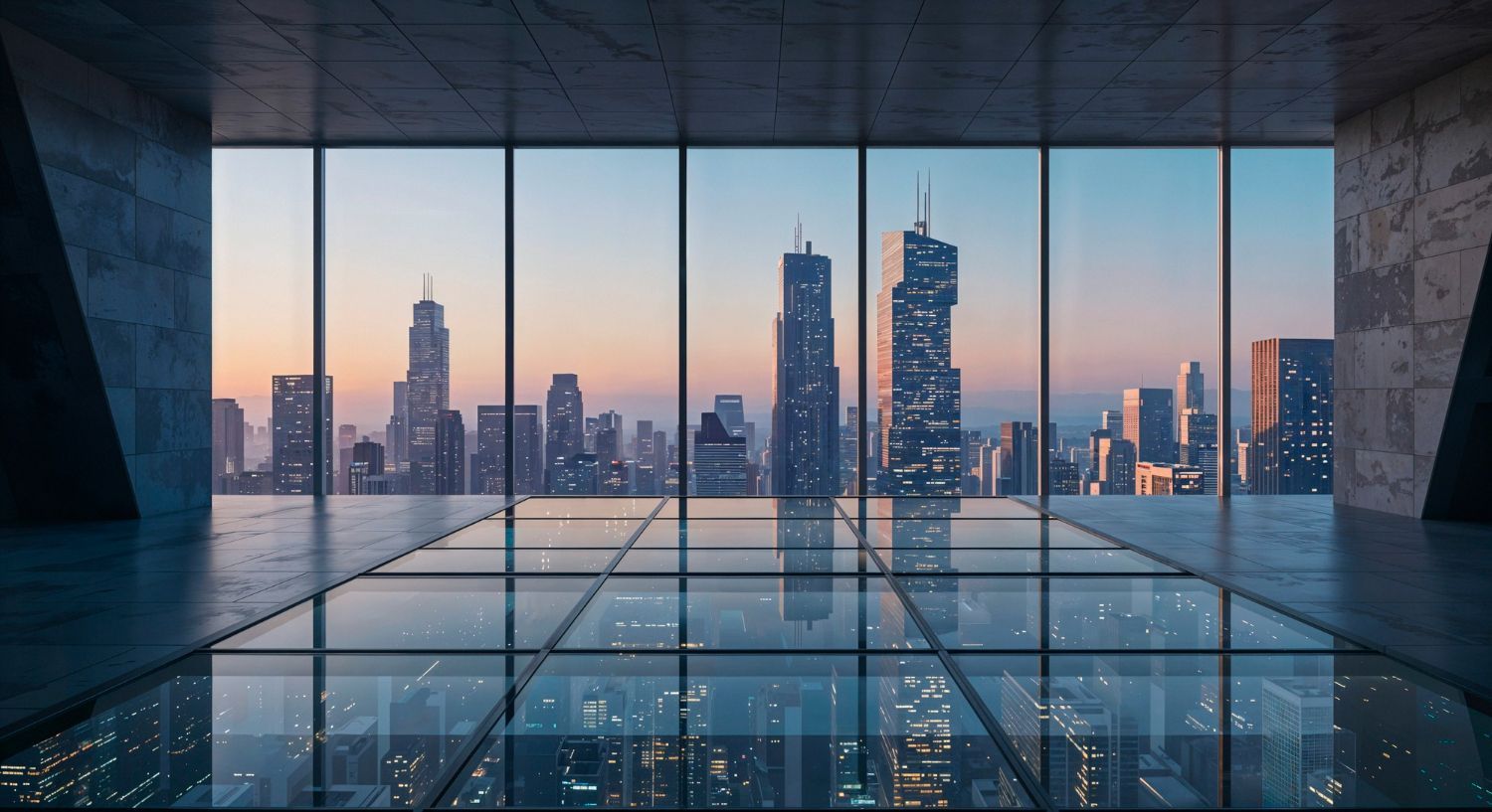A view from a high-rise floor with glass panels looking out over a city skyline at sunset.