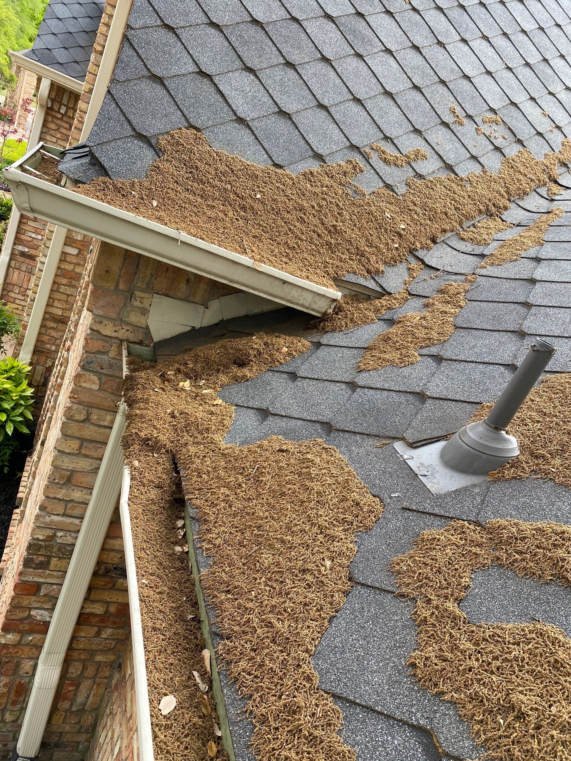 A roof with a lot of shingles and a broom on it.