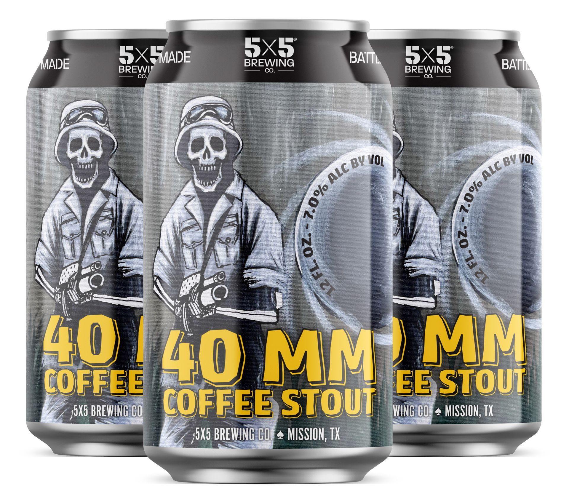 Three cans of 40 mm coffee stout are sitting next to each other on a white background.