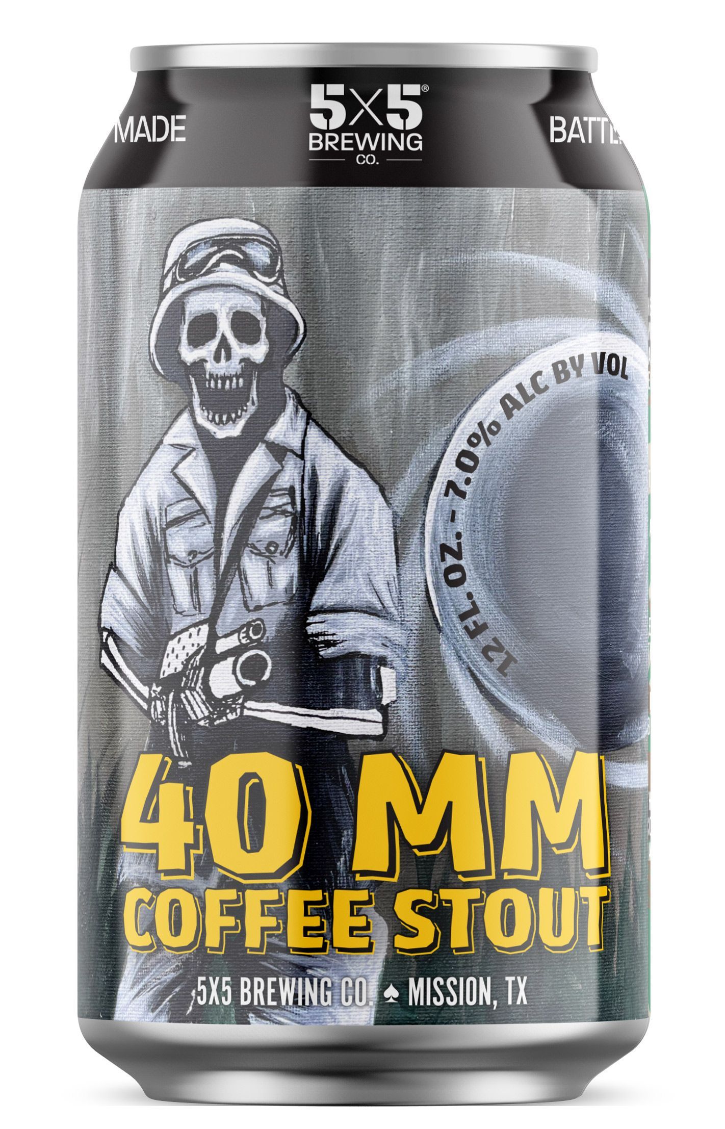 A can of 40 mm coffee stout with a skull on it.