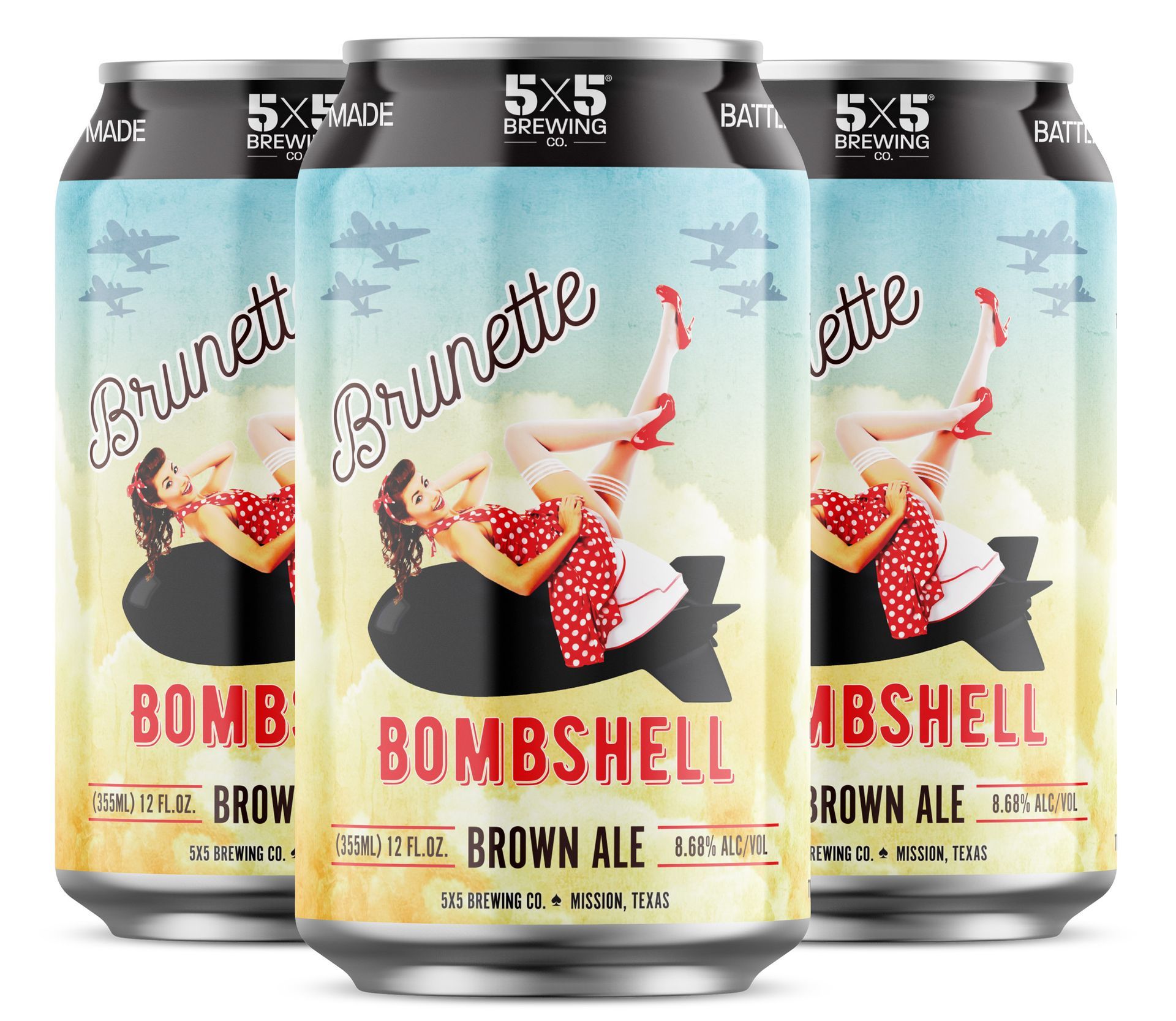 Three cans of bombshell brown ale are sitting next to each other.