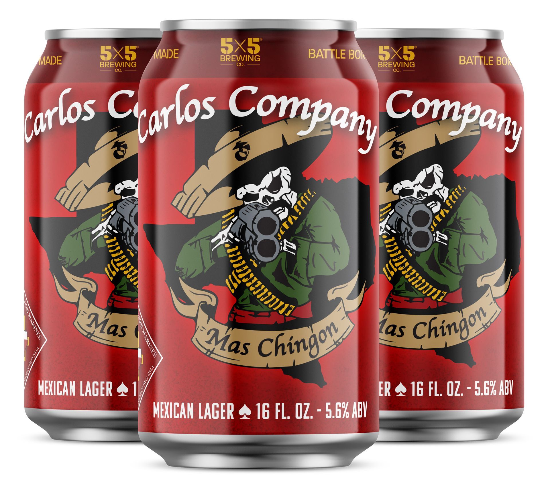 Three cans of carlos company mas chingon mexican lager