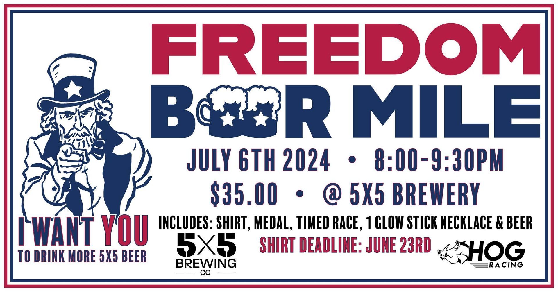 A sign that says freedom beer mile on it