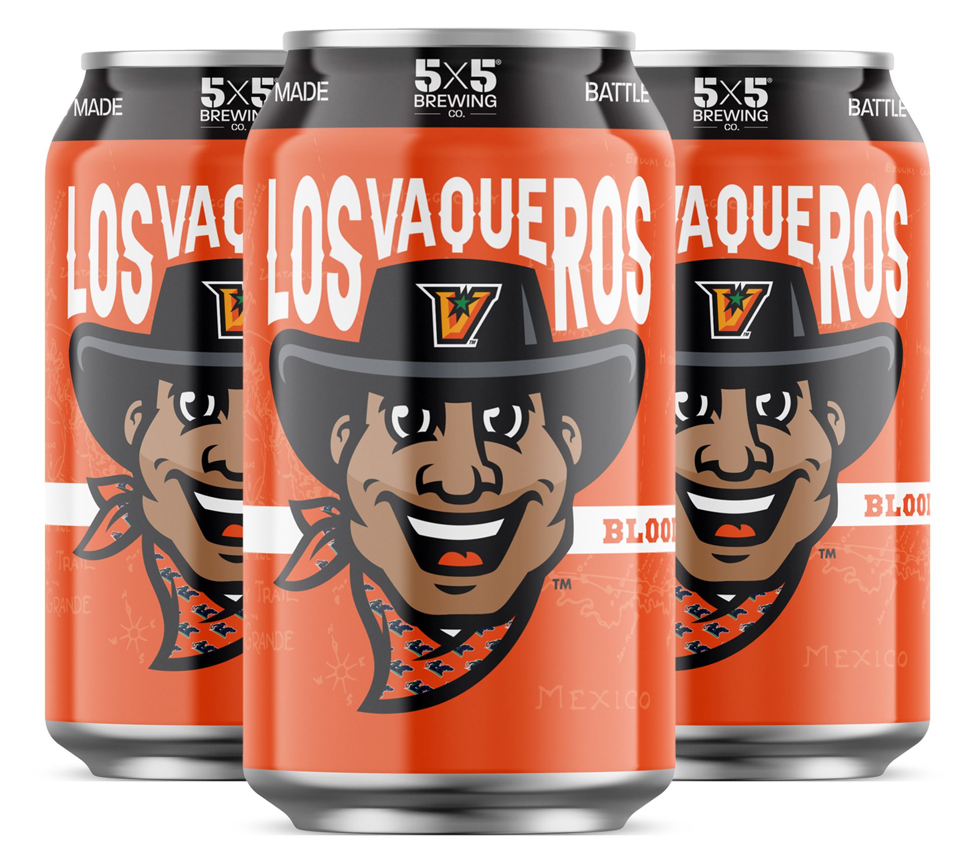 Three cans of los vaqueros are sitting next to each other on a table.