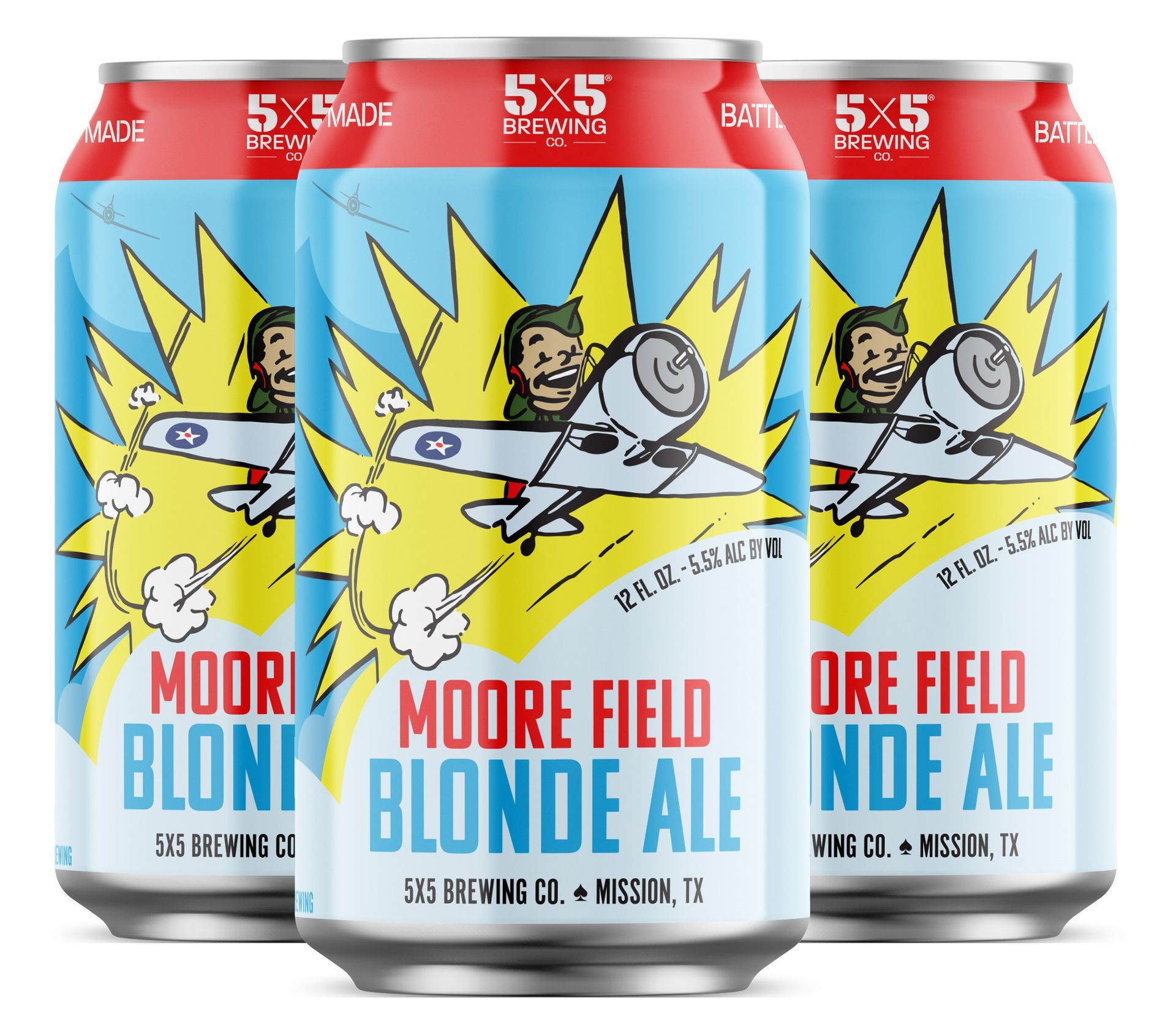 Three cans of moore field blonde ale on a white background