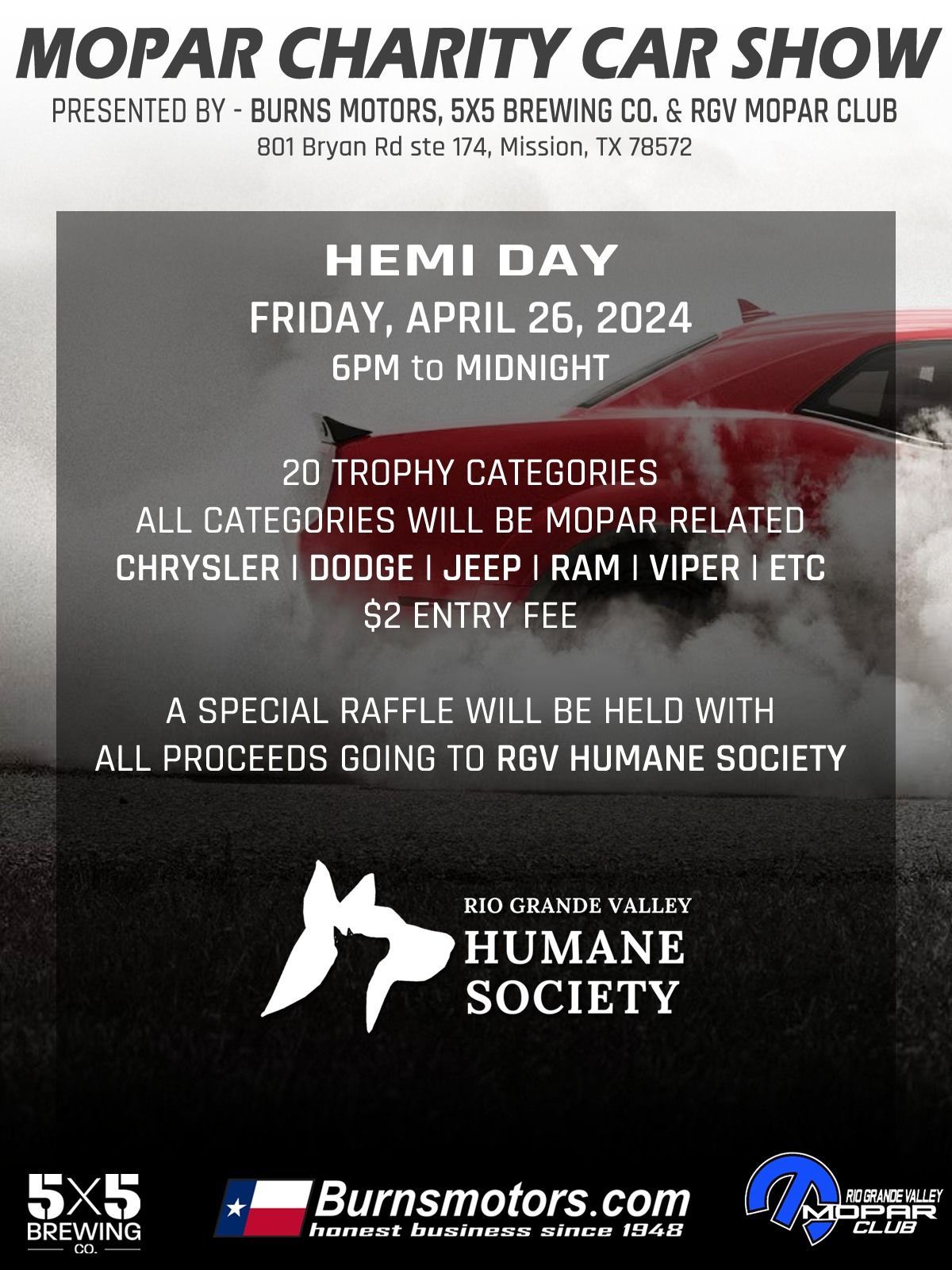 A poster for a mopar charity car show