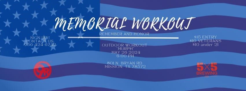 A blue and purple flag with the words `` memorial workout '' written on it.