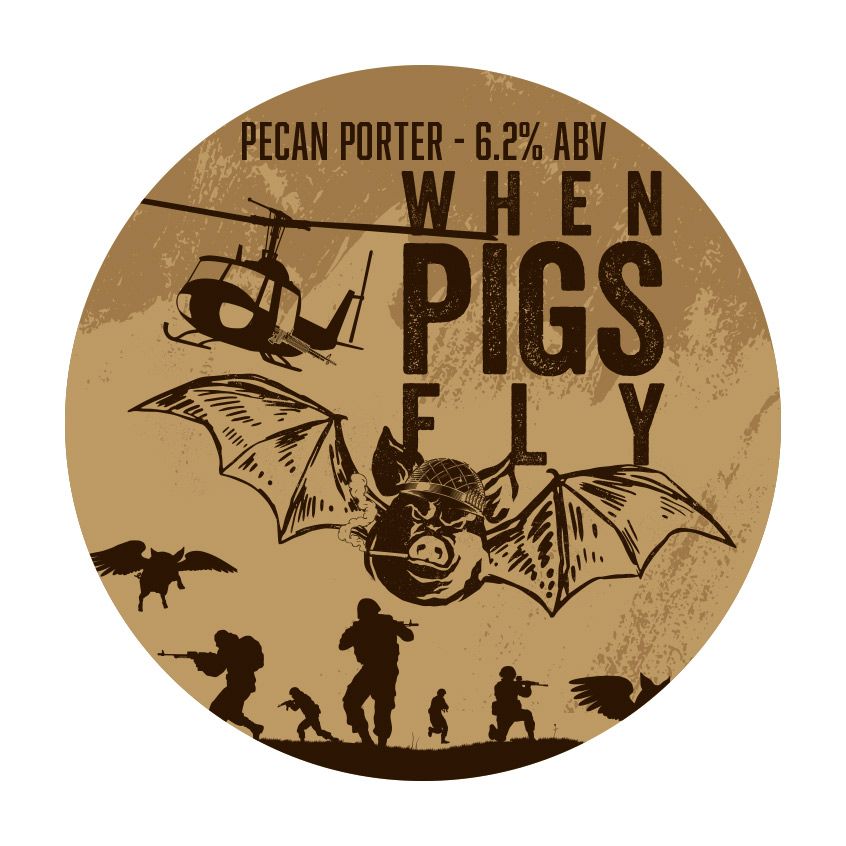 A pecan porter label that says when pigs fly.