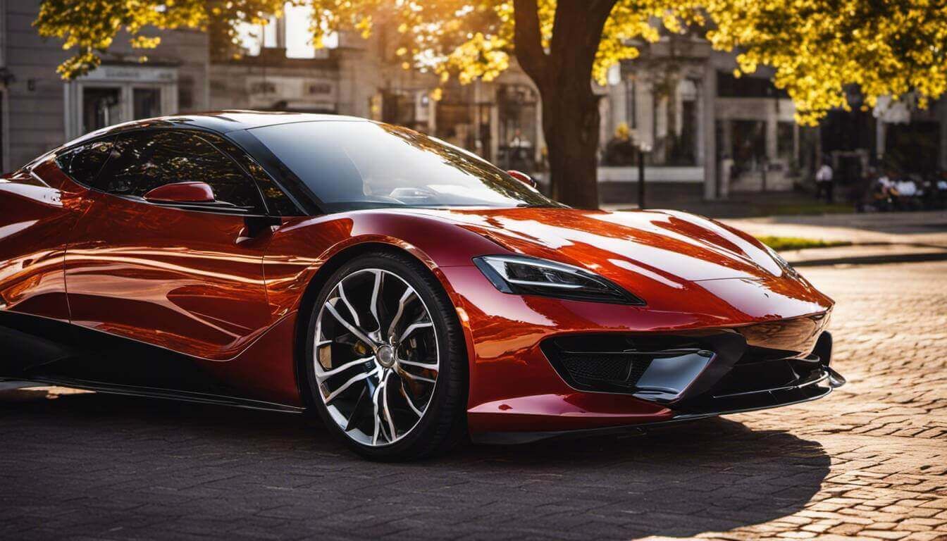 A sleek, red sports car parked in a sunlit urban street