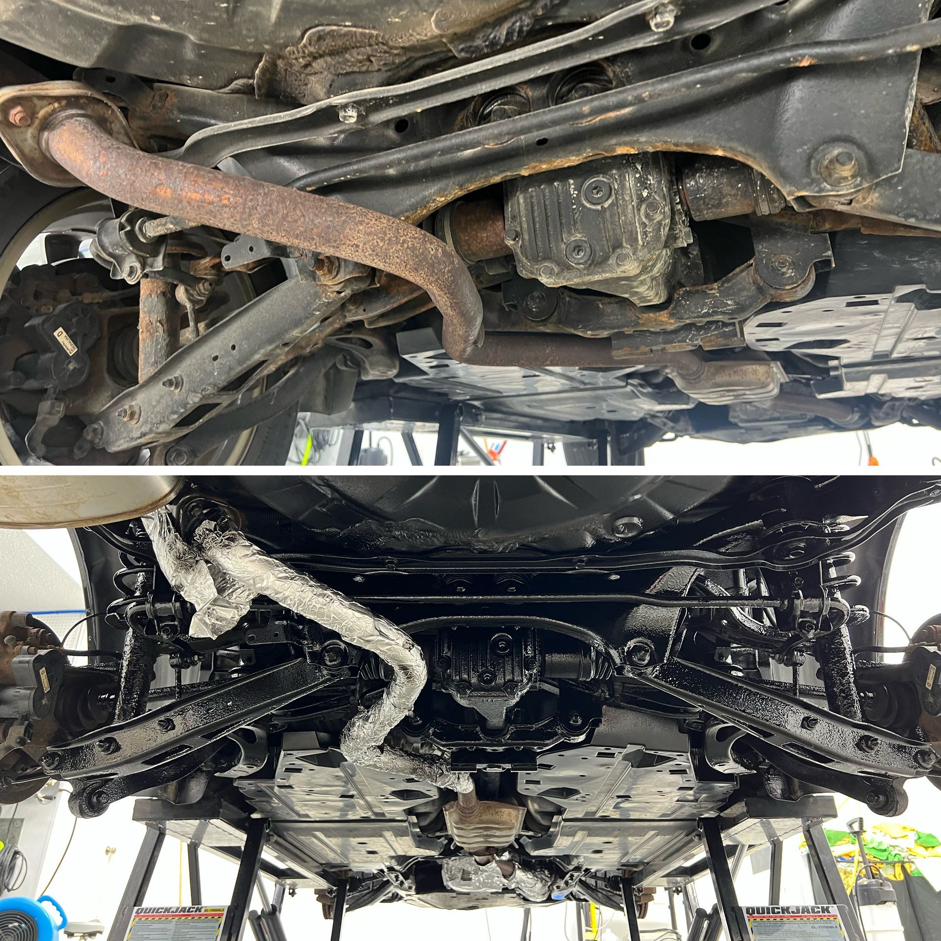 A picture of the underside of a car before and after being painted black.