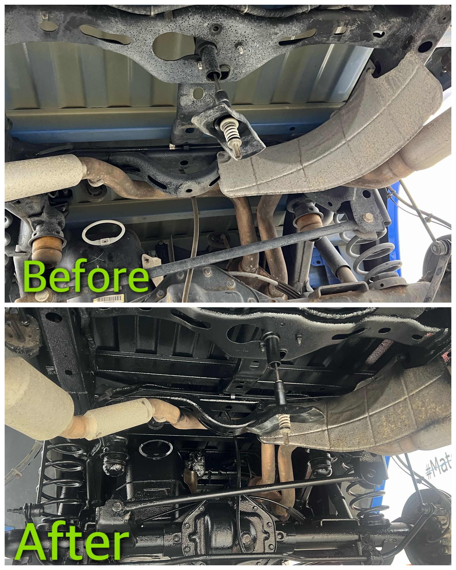 A before and after picture of the underside of a truck.