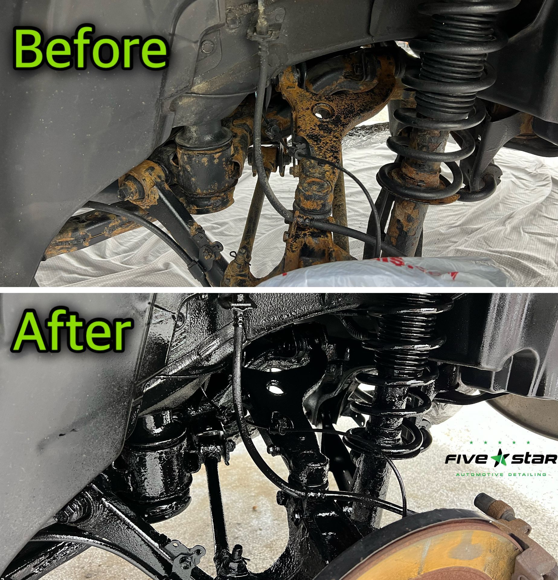 A collage of four pictures of a car being worked on