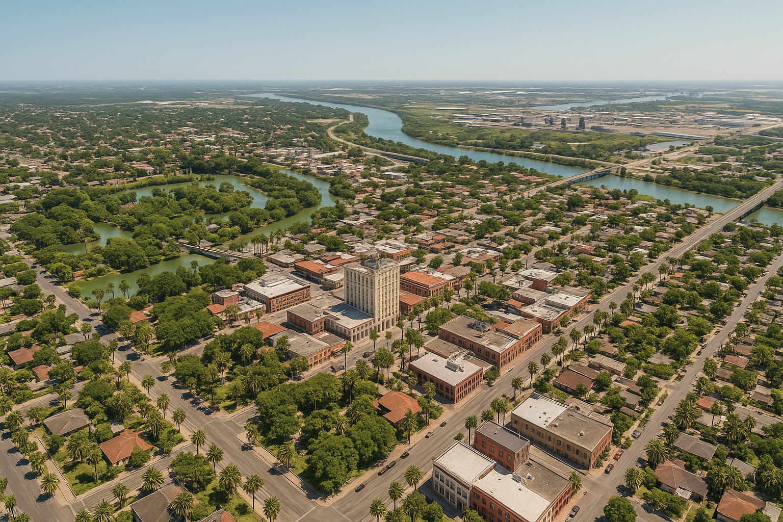 An aerial view of a small town with a lake in the background.