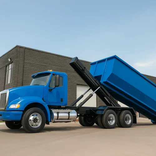 A dumpster is parked in front of a best buy store.